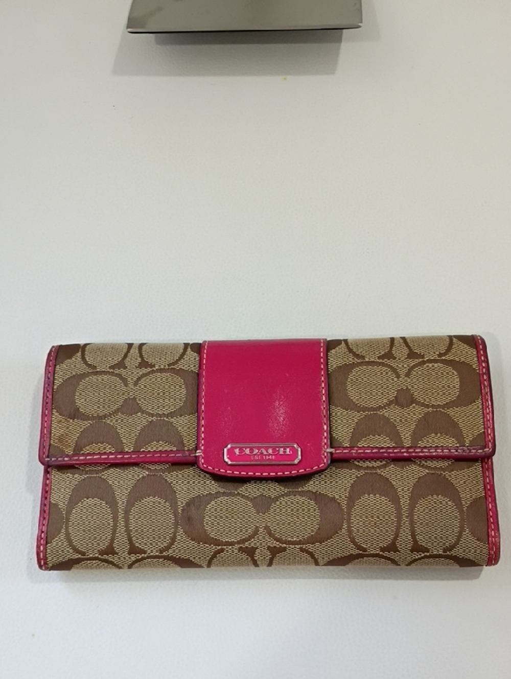 Coach Vintage Brown Signature Canvas Wallet with Hot Pink Trim